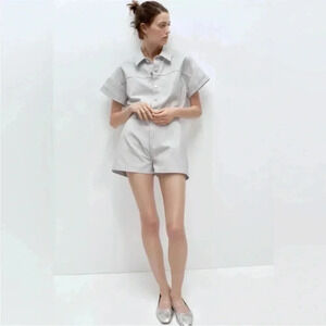 NWT ZARA Metallic Denim 100% Cotton DustyBlue Shimmer Short Romper 6929/201 Sz S